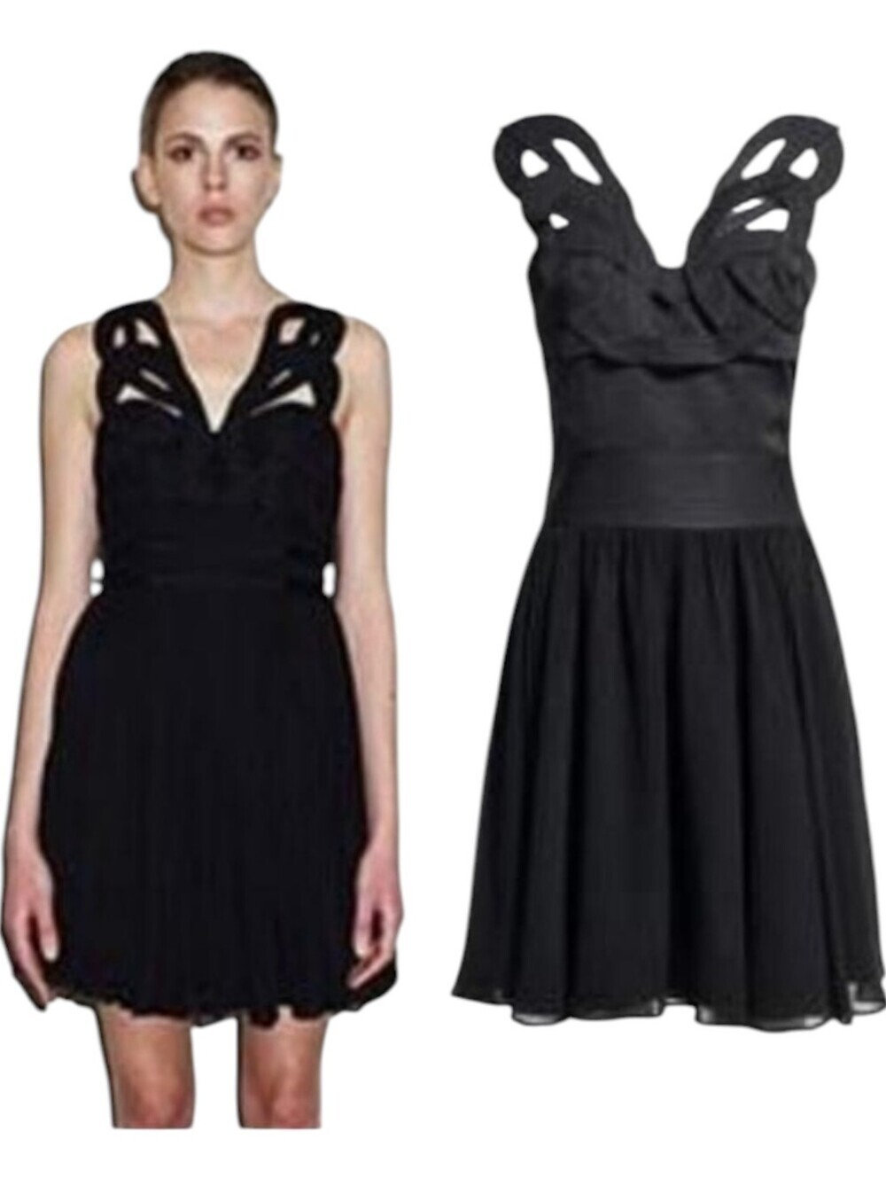 Reiss Sonia Fit and Flare Black Mini Dress Size 6 Intricate Bodice Full Skirt